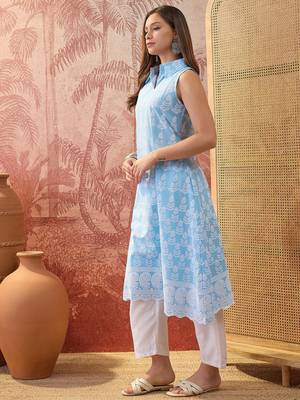 Women sky blue cotton embroidery kurta 4