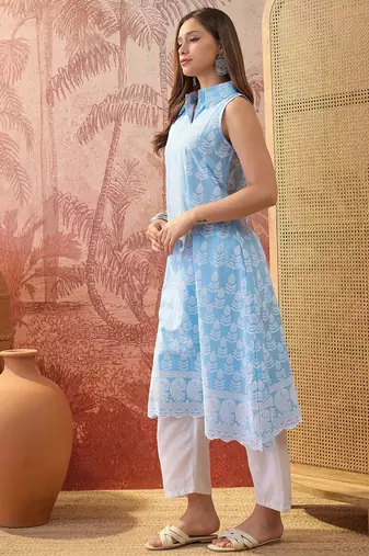 Women sky blue cotton embroidery kurta