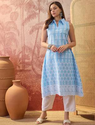Women sky blue cotton embroidery kurta 5