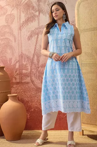 Women sky blue cotton embroidery kurta