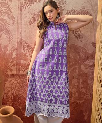 Women purple cotton embroidery kurta 1