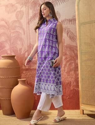 Women purple cotton embroidery kurta 2