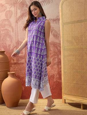 Women purple cotton embroidery kurta 3