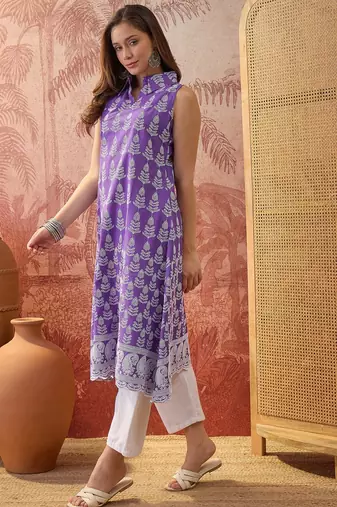 Women purple cotton embroidery kurta