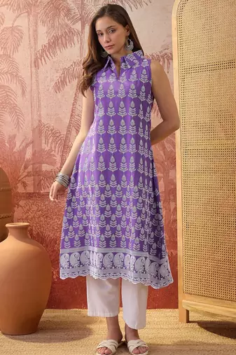 Women purple cotton embroidery kurta