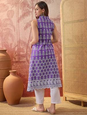 Women purple cotton embroidery kurta 5