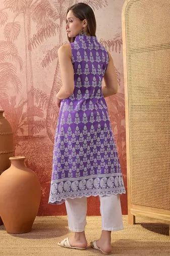Women purple cotton embroidery kurta