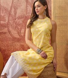Women mustard cotton embroidery  kurta