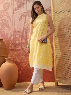 Women mustard cotton embroidery kurta 1