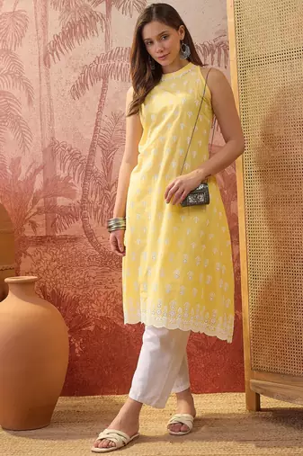 Women mustard cotton embroidery  kurta