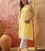 Women mustard cotton embroidery  kurta