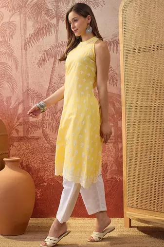 Women mustard cotton embroidery kurta
