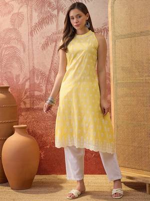 Women mustard cotton embroidery kurta 4