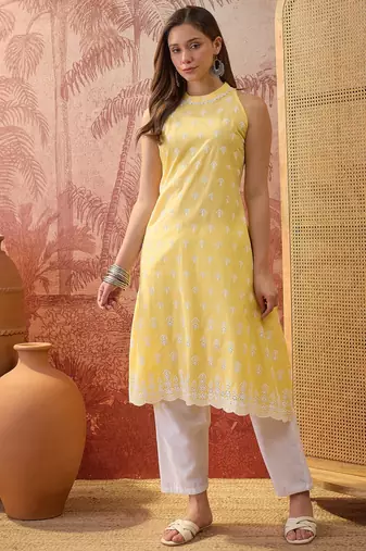 Women mustard cotton embroidery kurta
