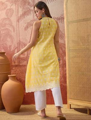 Women mustard cotton embroidery kurta 5