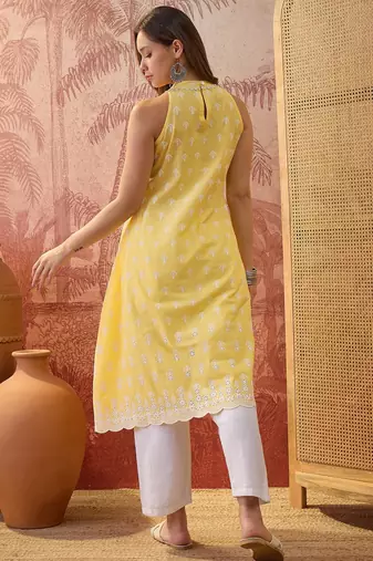 Women mustard cotton embroidery kurta