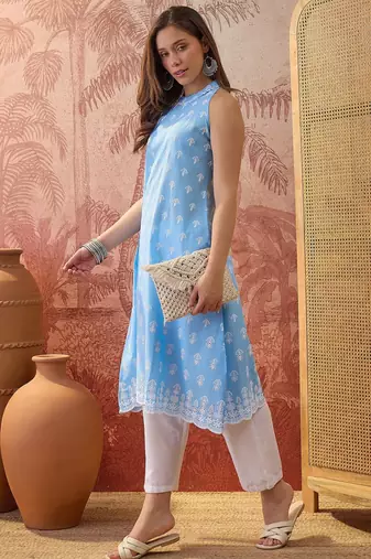 Women sky blue cotton embroidery  kurta