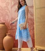 Women sky blue cotton embroidery  kurta
