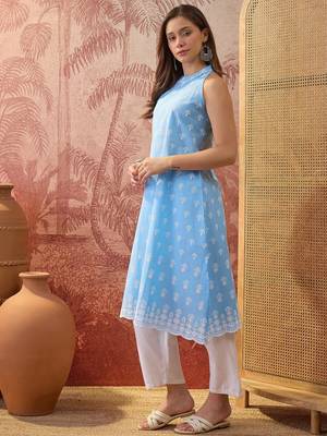 Women sky blue cotton embroidery kurta 4
