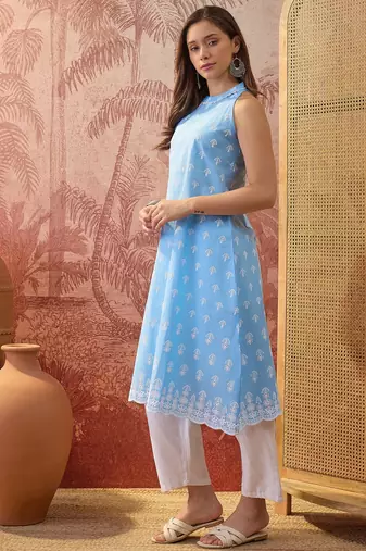 Women sky blue cotton embroidery kurta