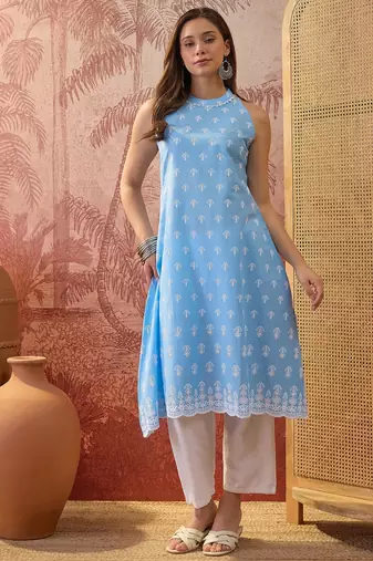 Women sky blue cotton embroidery kurta