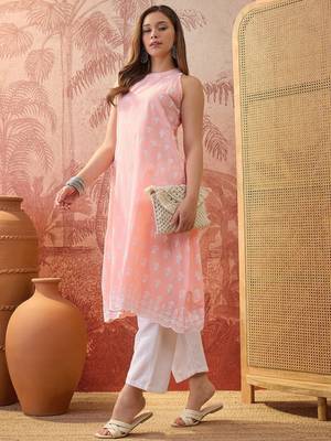 Women peach cotton embroidery kurta 3