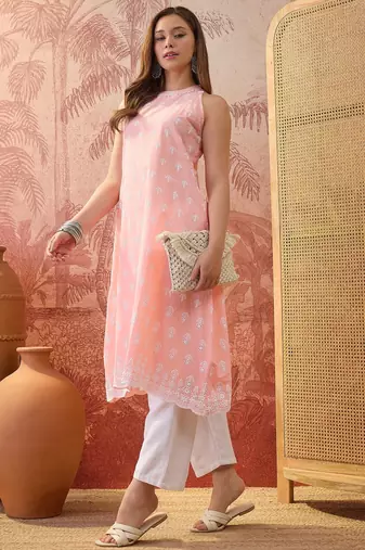 Women peach cotton embroidery kurta
