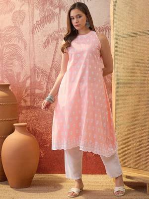 Women peach cotton embroidery kurta 1