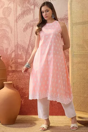 Women peach cotton embroidery  kurta