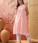 Women peach cotton embroidery  kurta