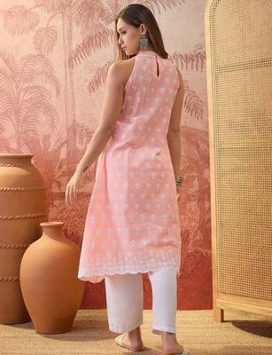 Women peach cotton embroidery kurta 5