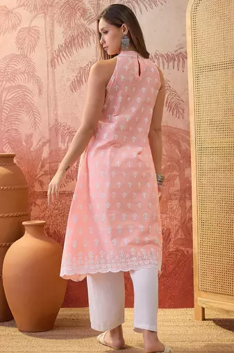 Women peach cotton embroidery kurta