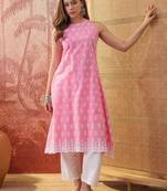Women pink cotton embroidery  kurta