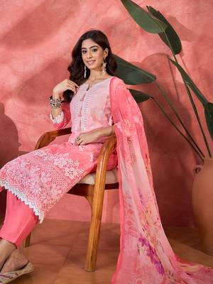 Women pink pure cotton embroidered kurta set 1