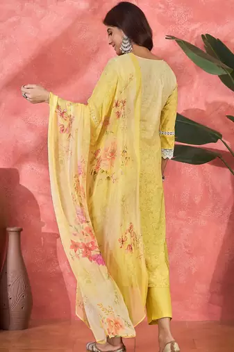 Women yellow pure cotton embroidered kurta set