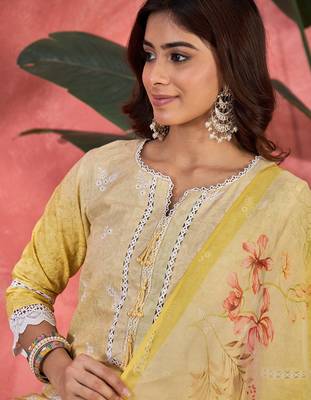 Women yellow pure cotton embroidered kurta set 5