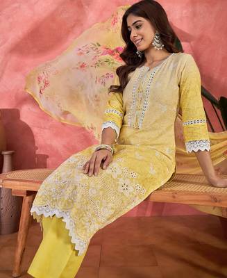 Women yellow pure cotton embroidered kurta set 1