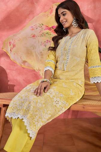 Women yellow  pure cotton embroidered kurta set