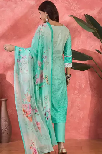 Women sea green pure cotton embroidered kurta set