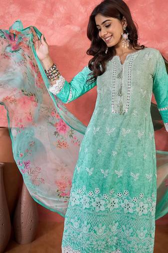 Women sea green  pure cotton embroidered kurta set