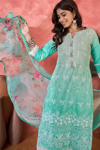 Women sea green  pure cotton embroidered kurta set