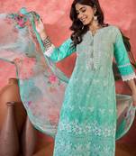Women sea green  pure cotton embroidered kurta set