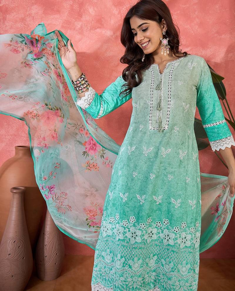 Women sea green  pure cotton embroidered kurta set