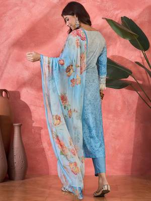 Women blue pure cotton embroidered kurta set 2