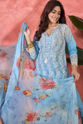 Women blue  pure cotton embroidered kurta set