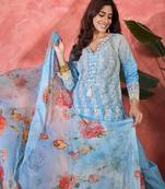 Women blue  pure cotton embroidered kurta set