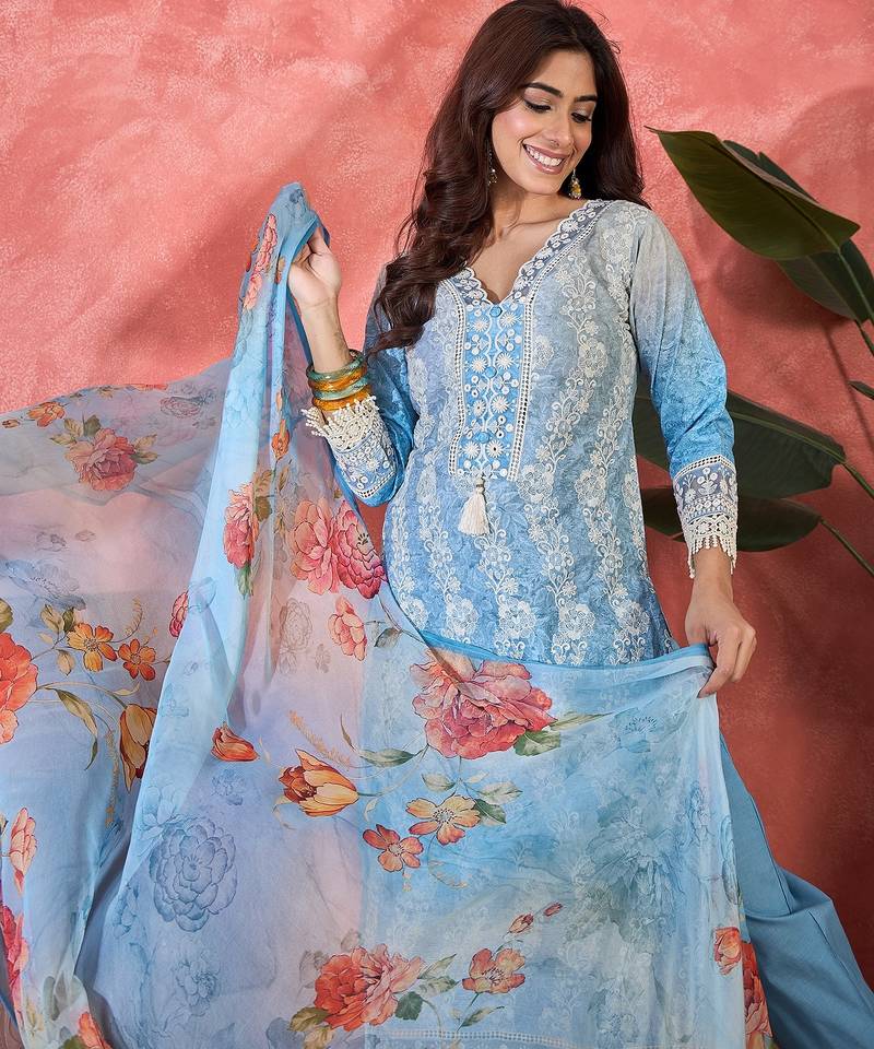 Women blue  pure cotton embroidered kurta set