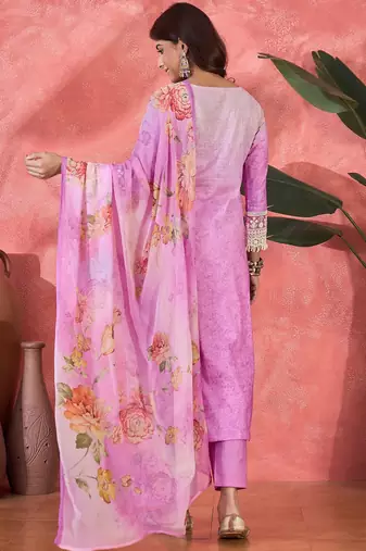Women purple pure cotton embroidered kurta set