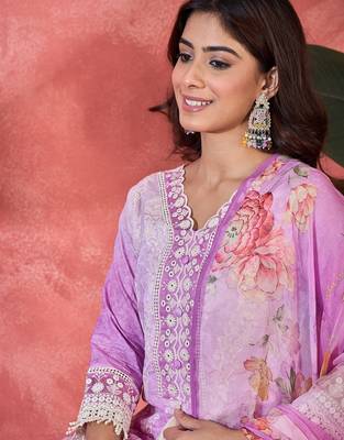 Women purple pure cotton embroidered kurta set 5