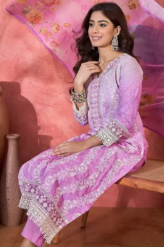 Women purple  pure cotton embroidered kurta set
